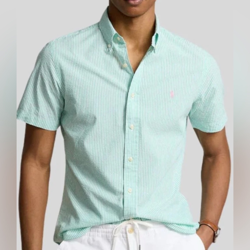 Ralph Lauren polo green label Men's Green Striped Shirt. EUC like new